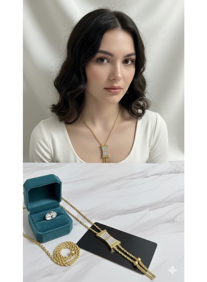 MANIKAN Elegant Bolo Style Necklace Featuring Crystal-Encrusted Rectangular Pendant with Tassel Chains. - Image 2